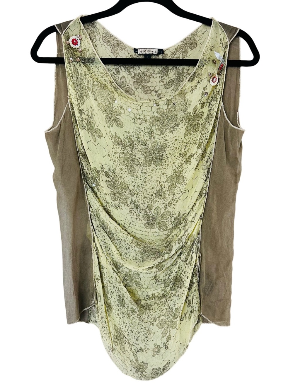 Rozae Nichols 100% Silk Beaded Draped Tank Top Boho Luxe Avant Garde L